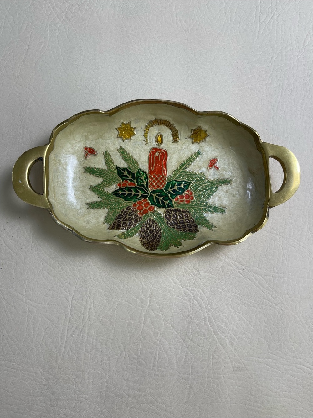 Vintage Enamel & Brass Holiday Candy or Trinket Dish Made In India